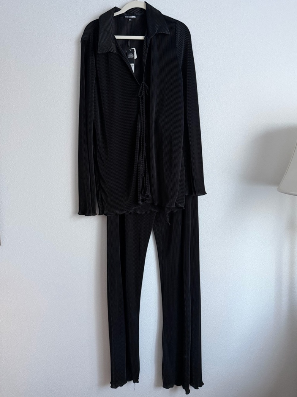 Fashion Nova Black Pleated Wide-Leg Pants & Tie-Front Top Set